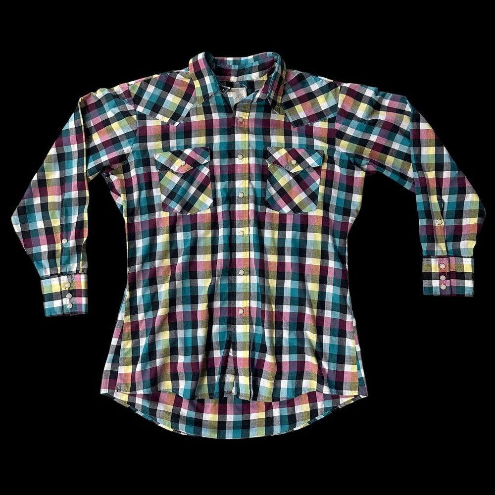 Vintage Saddle King Western Pearl Snap Plaid Shirt Cotton USA Made Teal Pink M/L - Picture 2 of 7